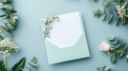 Fototapeta na wymiar mock up of a wedding invitation card, sky blue color, floral design 