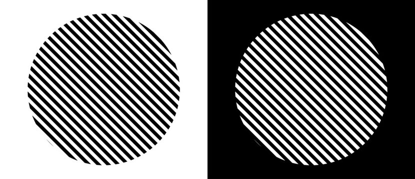 Abstract creative circles with diagonal lines. Geometric art lines background. Can be used as icon, logo or tattoo. Black shape on a white background and the same white shape on the black side.
