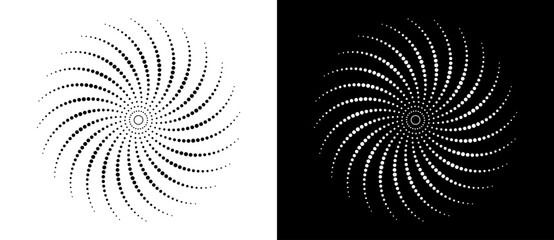 Modern abstract background. Halftone dots in circle form. Spiral logo, icon or design element. Black dots on a white background and white dots on the black side.