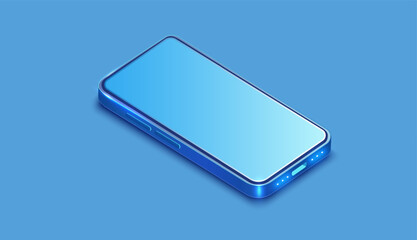 Isometric Smartphone with Blue Glowing Edges. Digital illustration of a modern smartphone with a bright, edge-lit screen and a sleek design, presented in an isometric view on a blue background. Vector