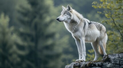 n the dense forest, a majestic grey wolf stood on a rocky ledge, its piercing eyes gazing into the distance, 