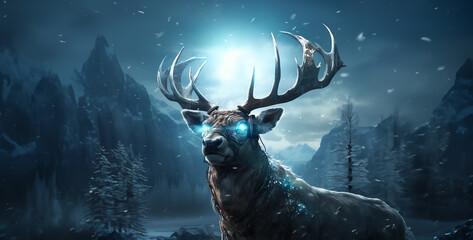 Fantasy landscape with deer and forest. 3d rendering toned image, deer in the forest