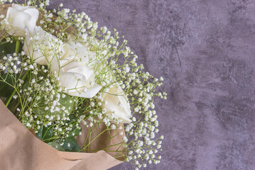 Valentines day, wedding or birthday greeting card concept; Bouquet of white roses flowers and...
