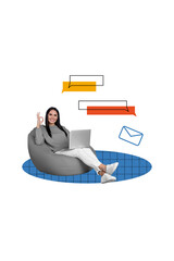 Vertical photo collage of young female worker smiling sit on beanbag ok gesture hold laptop computer work remotely on creative background