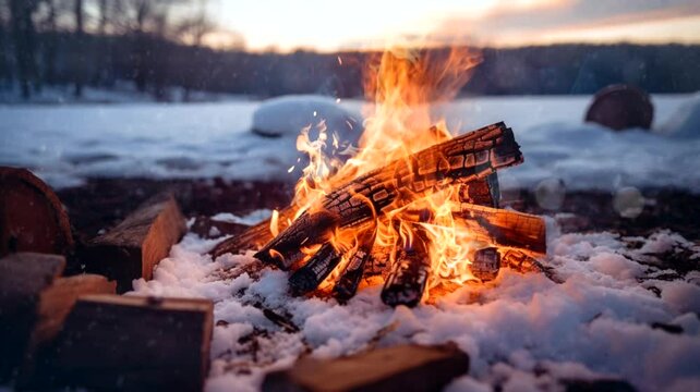 Winter campfire scene, 4k animated virtual repeating seamless