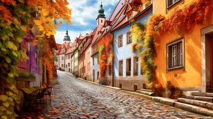 Colorful street in the old town of Cesky Krumlov, Czech Republic