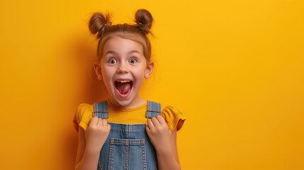 Portrait of young excited shocked crazy smiling girl child kid. isolated on yellow color background. - obrazy, fototapety, plakaty