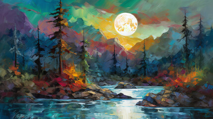 watercolor landscape with the moon