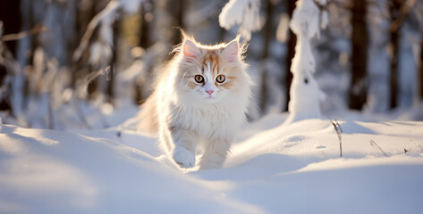 Naklejka na ściany i meble Beautiful long haired siberian cat walks in winter forest, Maine Coon cat in winter forest. Beautiful red and white cat running in the snow.