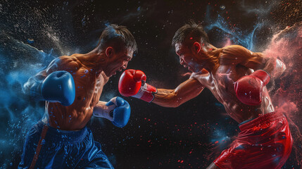 2 Thai boxers, blue and red. muay Thai - obrazy, fototapety, plakaty