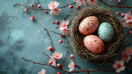 A Birds Nest With Four Eggs - obrazy, fototapety, plakaty