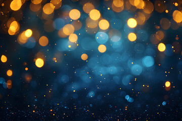 Fototapeta na wymiar Abstract golden yellow and teal blue glitter lights background. Circle blurred bokeh. Festive backdrop for Christmas, party, holiday or birthday with copy space