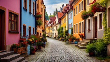 Fototapeta na wymiar Colorful street in the old town of Cesky Krumlov, Czech Republic