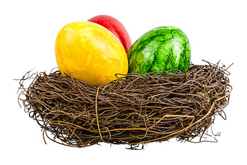 Three colorful Easter eggs in a nest isolated on a transparent background. Happy Easter holiday. Easter concept