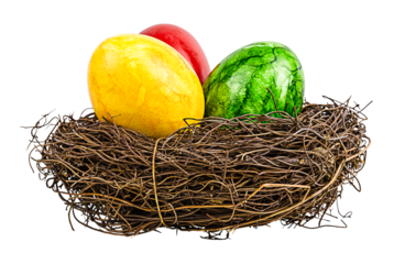Three colorful Easter eggs in a nest isolated on a transparent background. Happy Easter holiday. Easter concept
