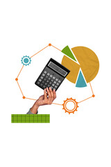 Vertical creative composite illustration photo collage of hand hold calculator counting big numbers...