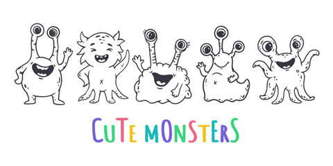 Fototapeta premium Set of cute cartoon monsters in doodle style. Funny characters on white background. Icon monster. Alien.Vector illustration