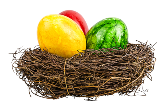 Three colorful Easter eggs in a nest isolated on a transparent background. Happy Easter holiday. Easter concept