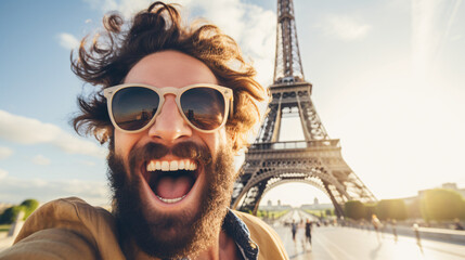 Cheerful man in Paris taking selfie with Eiffel tower in background