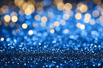 Abstract golden yellow and blue glitter lights background. Circle blurred bokeh. Festive backdrop...