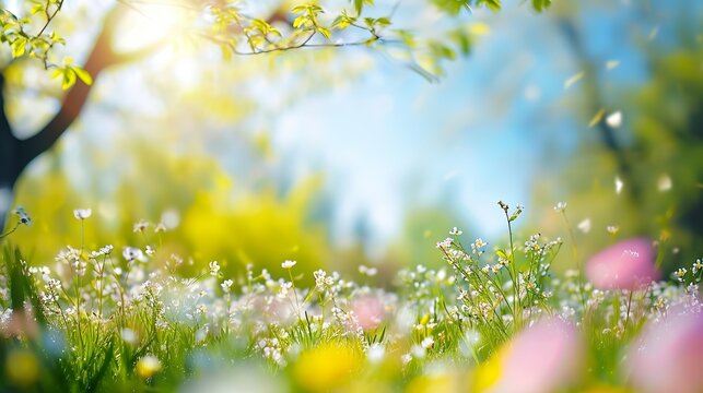 Sunny Day in Nature, Blurred Spring Background with Blooming Trees and Blue Sky