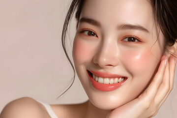 Closeup Beautiful smiling asian korean woman touch face with smooth healthy skin
