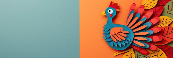 paper cut card turkey laying flat on a background with copy space Thanksgiving Concept with Turkey Bird