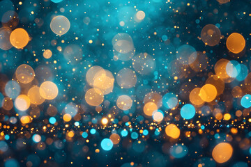 Abstract golden yellow and teal blue glitter lights background. Circle blurred bokeh. Festive backdrop for Christmas, party, holiday or birthday with copy space