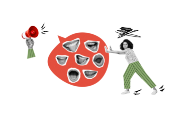 Magazine picture sketch collage image of stressed depressed lady denying listening annoying ad isolated creative background