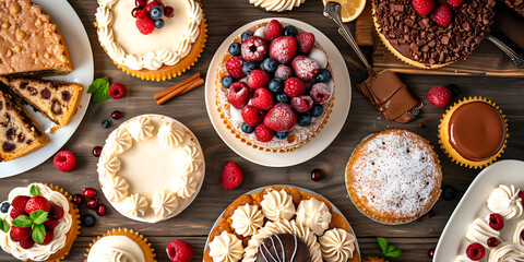 Top View of a dining table with various types of cakes. - Powered by Adobe