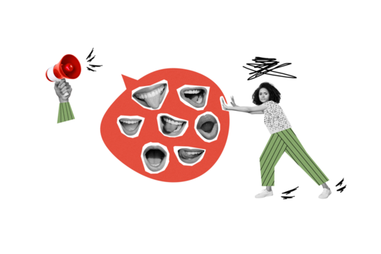 Magazine picture sketch collage image of stressed depressed lady denying listening annoying ad isolated creative background - Powered by Adobe