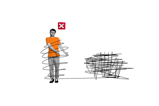 Collage artwork graphics picture of doubtful unsure guy having mental psychology problems isolated painting background