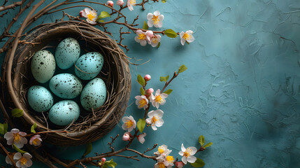 Birds Nest With Eggs and Flowers on a Blue Background