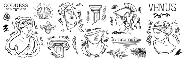 Greek sculpture y2k tattoo sketch set, roman goddess vector statue head doodle drawing ink scribble. Contemporary mythology antique sticker kit, woman face, column. Greek sculpture fashion print - obrazy, fototapety, plakaty