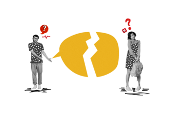 Photo sketch collage picture of uncertain doubtful couple having relationship problems isolated grey color background