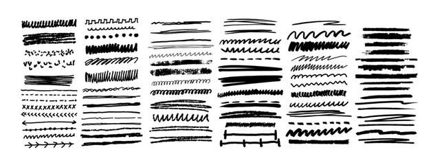 Underline brushstroke set, line scribble doodle, black pencil vector hand drawn divider collection. Sketch marker border, crayon stripe kit, grunge creative text decoration. Underline brushstroke - obrazy, fototapety, plakaty
