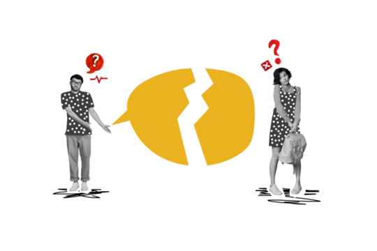 Photo sketch collage picture of uncertain doubtful couple having relationship problems isolated grey color background