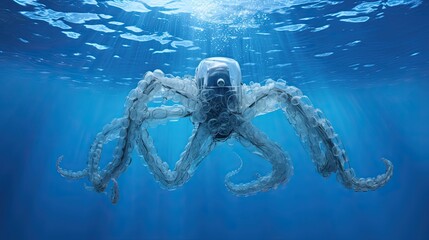 An octopus from plastic waste bottles. The problem of ecology concept. Generative AI