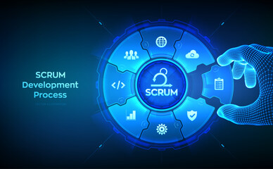 SCRUM. Agile development methodology process. Iterative sprint methodology. Programming and application design concept. Wireframe hand places an element into a composition visualizing SCRUM. Vector. - obrazy, fototapety, plakaty