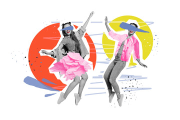 Composite collage image of funny positive young girls dancing have fun enjoy weekend students party bachelorette drawing background