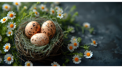 Nest With Three Eggs Surrounded by Daisies