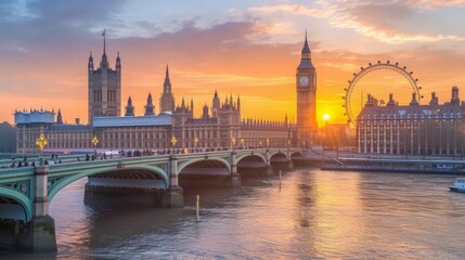 Fototapeta na wymiar Sunset over the River Thames in London, England