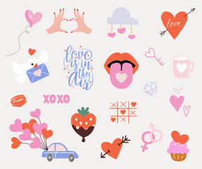 Vector set of hand drawn different Valentine's elements. Icons for your design. Happy Valentine's Day.
