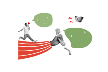 Artwork collage image of black white effect mini guy loudspeaker talking mouth arm hold handset phone dialogue quote bubble