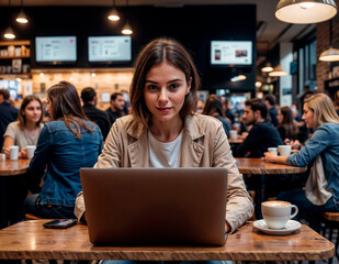 woman smiling and sitting at a table with a laptop and a cup of coffee. She is focused on her work. There are other people in the background, engaged in their own activities. 