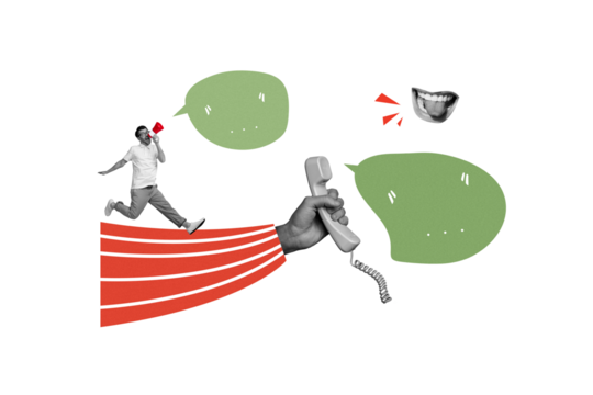 Artwork collage image of black white effect mini guy loudspeaker talking mouth arm hold handset phone dialogue quote bubble