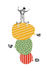 Vertical collage image of mini black white effect girl dancing big dialogue bubble talking mouth...