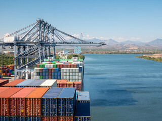 Two container ships has loading operations with few gantry cranes in Lazaro Cardenas Container...