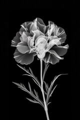 White carnation with transparent petals on a black background. Minimalistic black and white illustration of a flower in x-ray style.
