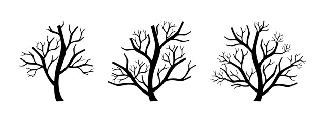 Black leafless trees – Set of trees without leaves isolated on a transparent background – Collection of decorative botanical elements